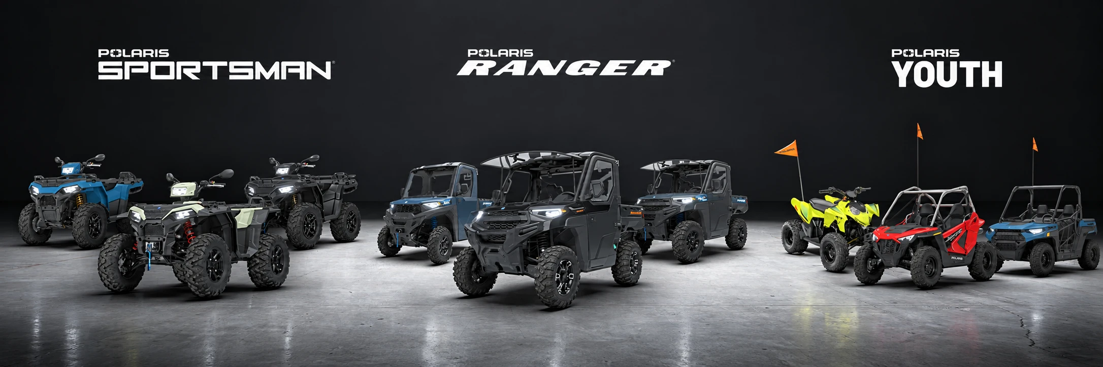 Composição ilustrativa da gama Polaris Sportsman, Ranger e Youth em estúdio